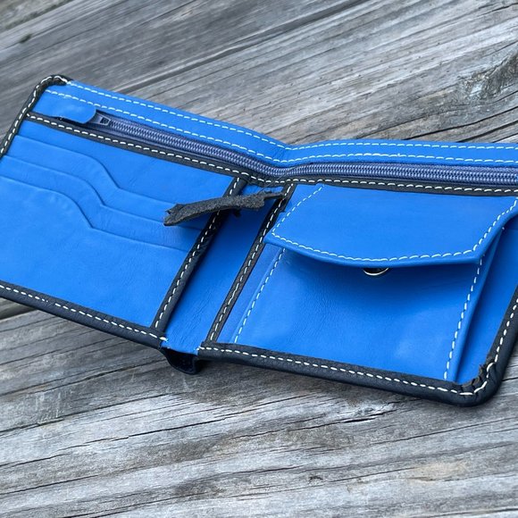 Handmade Leather Wallet BlueBlack Men Card Holder Bifold Purse Multi CardHolder - Picture 6 of 16